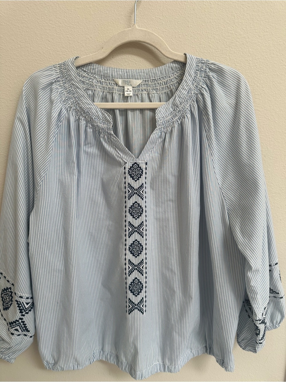 Time and Tru Light Blue Striped Tunic with Navy Embroidery Size XL, 16-18
